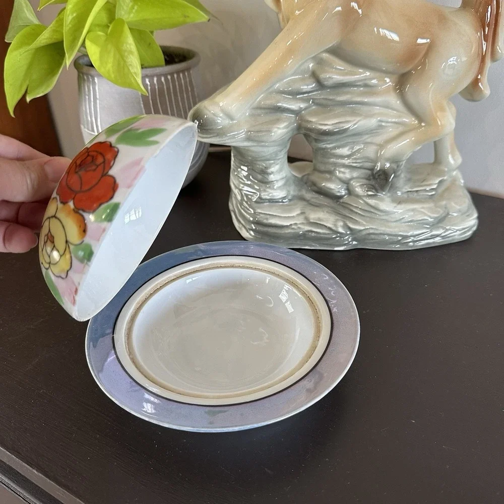 VTG Hand Painted Porcelain Floral Butter Cheese Dish Opalescent Japan 7